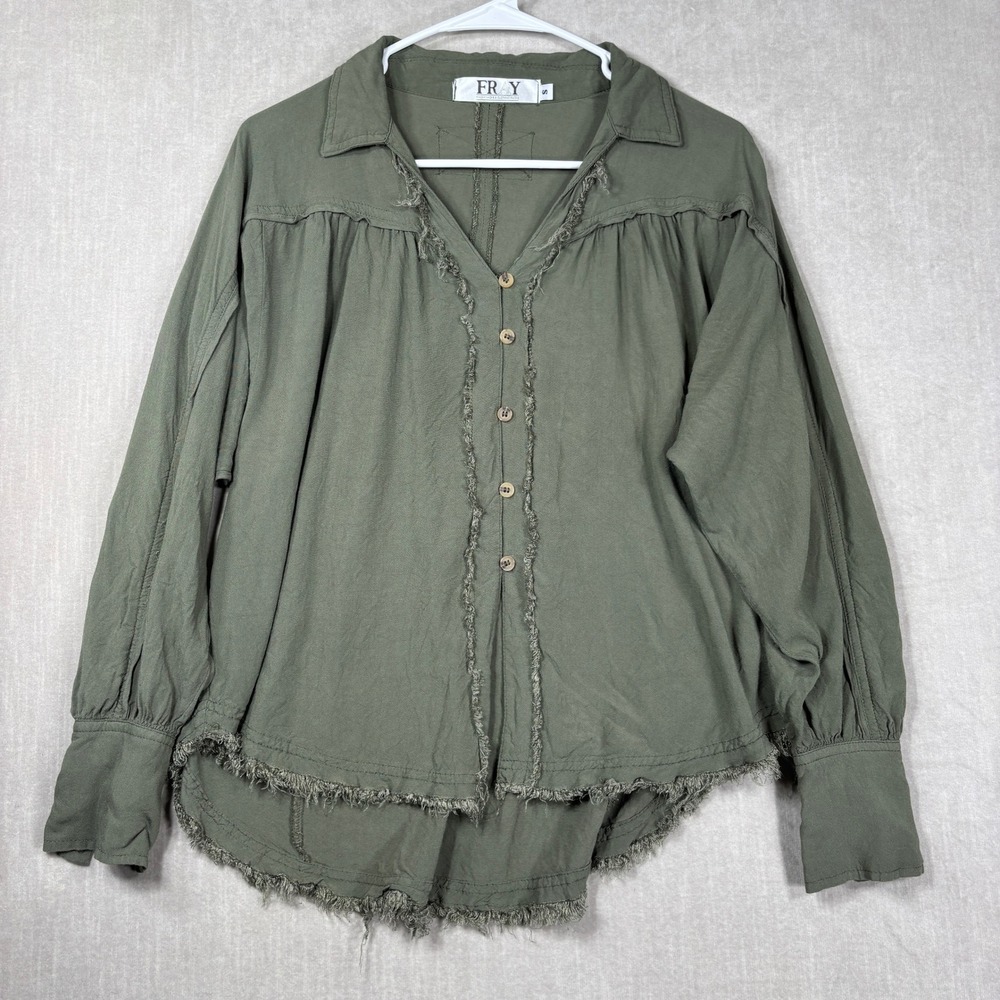 Fray Womens Button Down Shirt Small Olive Green Raw Hem Distressed‎ Shabby Chic